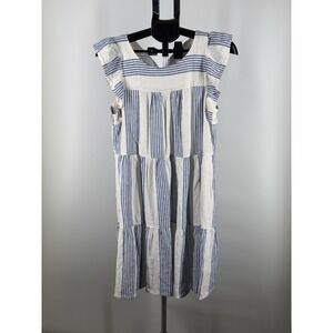 J.Crew Blue White Striped Tiered Linen Blend Ruffle Mini Dress Size 8